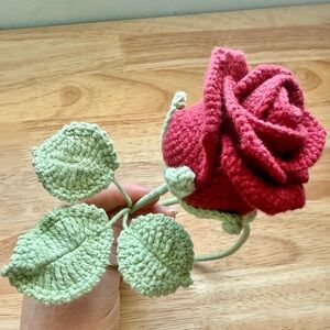 Red Crochet Rose with Green Leaves